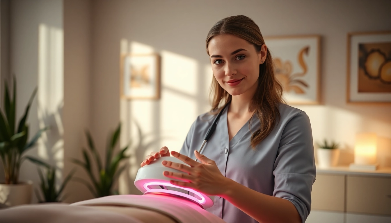 Showcase red light body therapy technique in a tranquil clinic, focusing on professional equipment and serene ambiance.