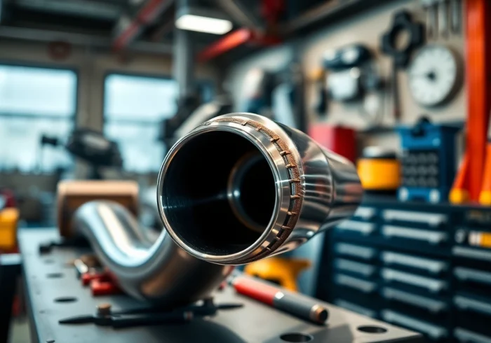 Showcase an n55 catless downpipe with detailed textures and automotive tools in the background