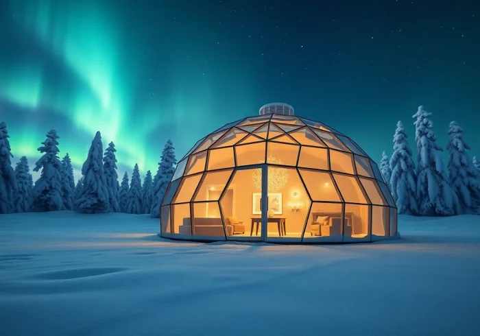Experience the enchanting beauty of an igloo hotel under the Northern Lights.