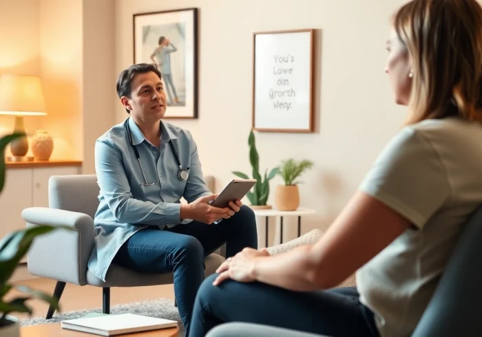 Empathetic attachment theory specialist engaging with a client in a calm therapy environment.
