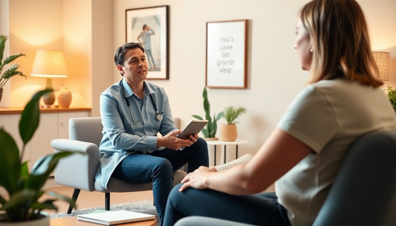 Empathetic attachment theory specialist engaging with a client in a calm therapy environment.