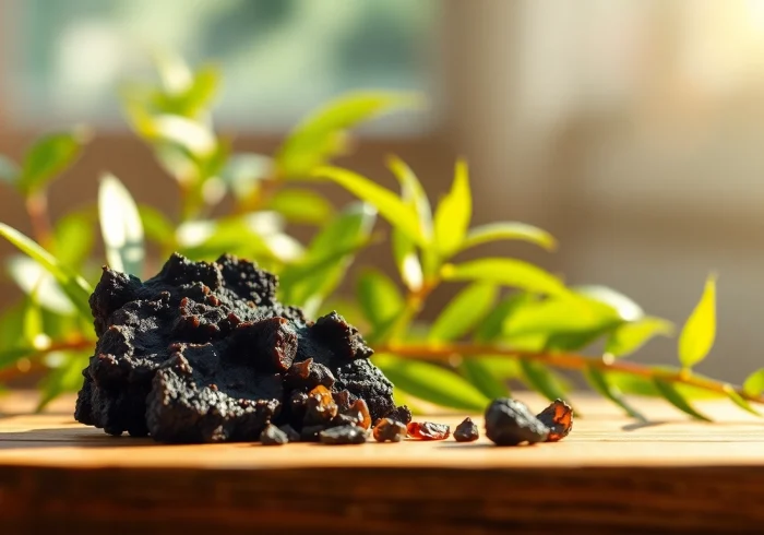 Shilajit For Weight Loss displayed on a wooden surface with green plant background, showcasing its natural texture.