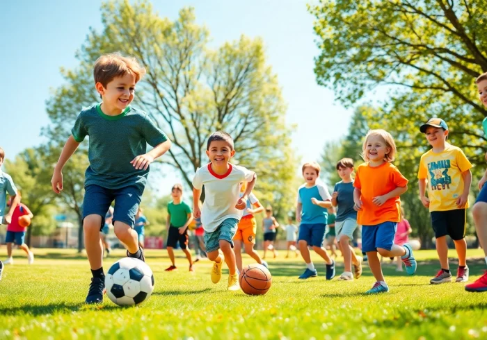 Children enjoying Multi Sports Camps for Boys, playing soccer and basketball in a sunny park.