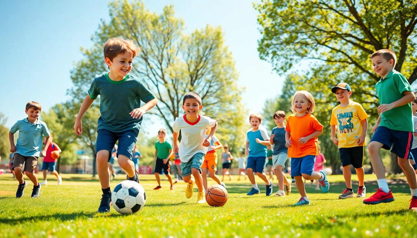 Children enjoying Multi Sports Camps for Boys, playing soccer and basketball in a sunny park.