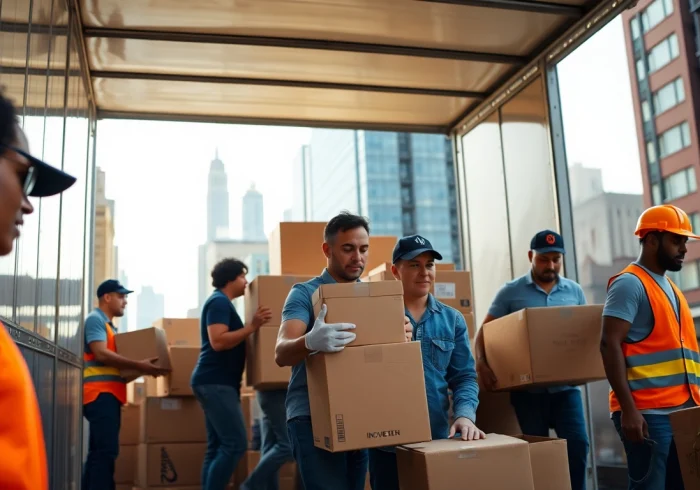 Bronx movers showcasing teamwork while loading belongings into a truck in an urban environment.