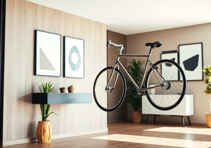 Showcase a stylish bike rack elegantly enhancing a modern interior design.