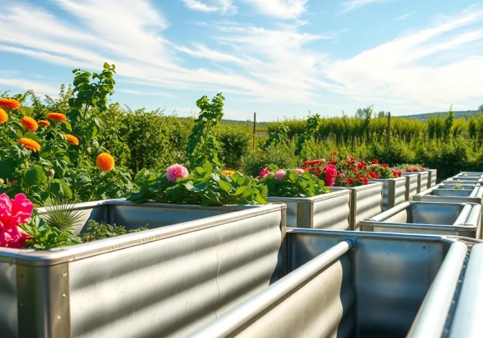 Vibrant galvanized raised beds enhancing a bountiful vegetable garden.