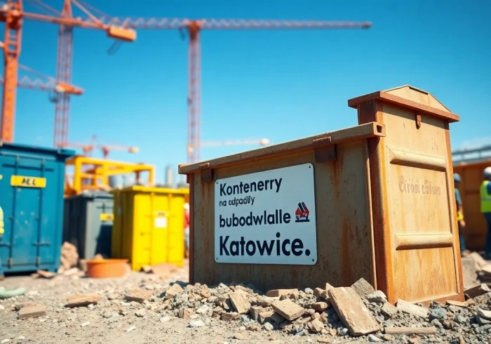Kontenery na odpady budowlane Katowice w profesjonalnym otoczeniu budowlanym.